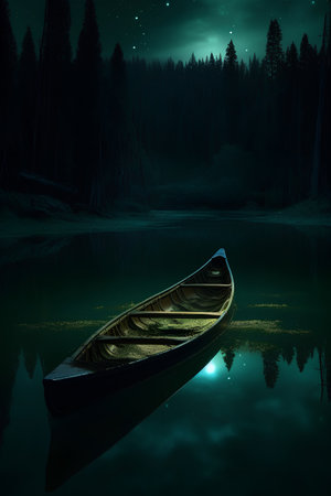 Fantasy landscape with a wooden boat on a lake at night.の素材