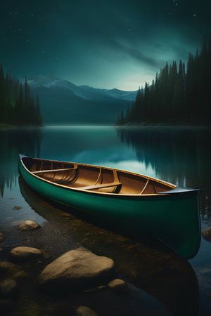 Fantasy landscape with canoe on lake at night. 3D Renderingの素材