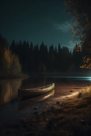 Wooden boat on the lake at night. 3D render.の素材