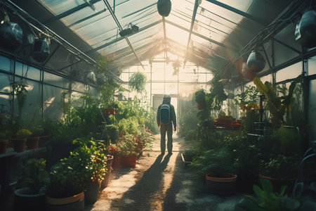 Young man with backpack walking through the greenhouse and looking at plants.の素材