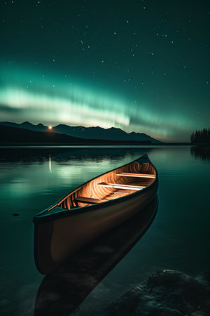 Aurora borealis northern lights over a canoe on lake.の素材