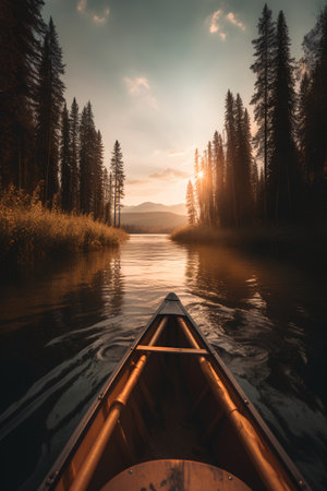 Kayak on the lake in the forest at sunset. Beautiful summer landscapeの素材