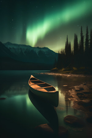 Aurora borealis over a boat on the lake with mountains in the backgroundの素材