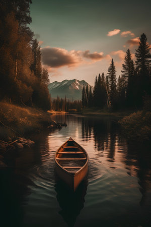 Wooden boat in the middle of a lake in the mountains.の素材