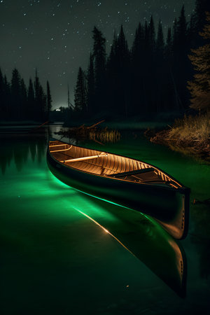 Canoe on the lake at night with a reflection in the waterの素材