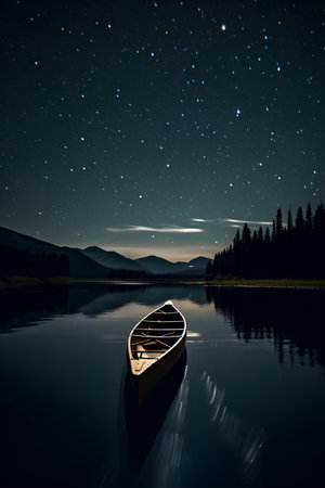 Beautiful night landscape with a boat on the lake and stars in the skyの素材