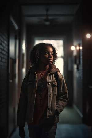 Young african american woman in casual clothes standing in corridor.の素材