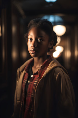 beautiful african american woman in coat looking away at nightの素材
