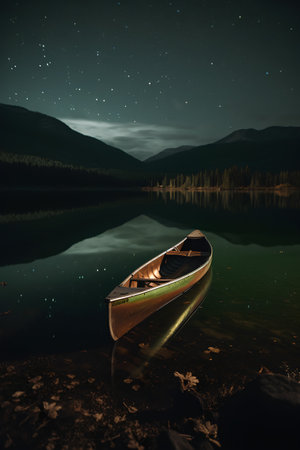 Fantasy landscape with a boat on a lake at night. 3d renderの素材