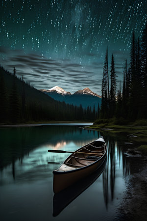 Fantastic night landscape with a canoe and mountains in the backgroundの素材
