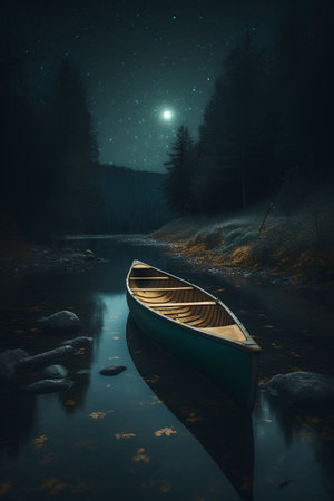 Night landscape with a lake and a wooden boat. 3d renderingの素材