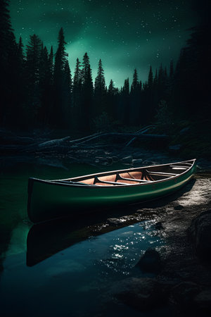 Kayak in the lake at night with a beautiful starry skyの素材