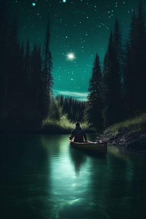 Man in a canoe on the river at night with starry skyの素材