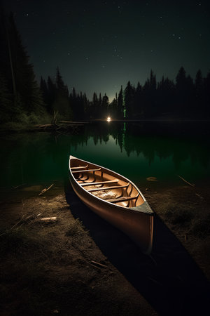 Wooden kayak on the lake in the forest at night.の素材