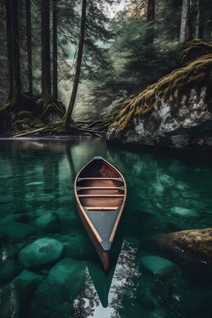 Wooden boat on the lake in a dark forest, 3d renderの素材