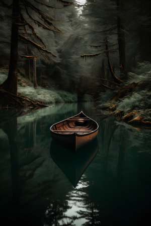 Fantasy landscape with a wooden boat on the lake. 3d renderの素材