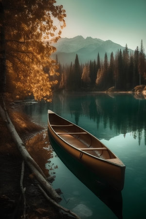 Beautiful alpine lake at sunrise with a boat on the shoreの素材