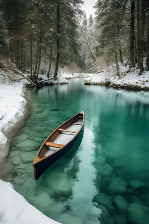 Wooden boat on the emerald lake in the winter forest.の素材