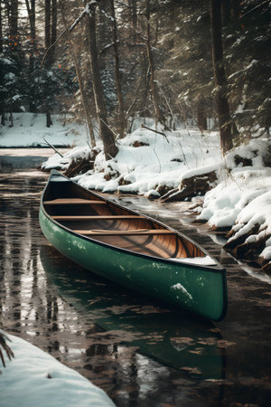 Canoe on the shore of a frozen lake in the winter forestの素材