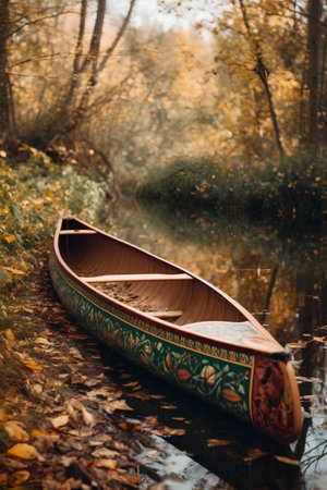 Wooden canoe on a lake in autumn forest. Conceptual image.の素材