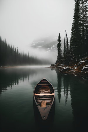 Boat on the lake in the mountains. Black and white photo.の素材