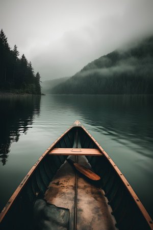 A vertical shot of a canoe on a lake surrounded by trees under a cloudy skyの素材