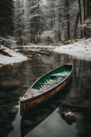Abandoned wooden boat on a lake in the winter forest.の素材