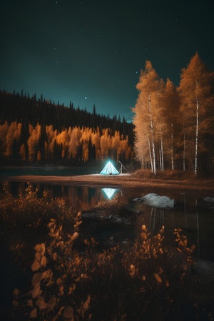 Night camping on a mountain lake in the woods with a view of the tentの素材