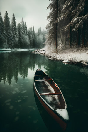 Boat on the lake in the winter forest. Nature composition.の素材