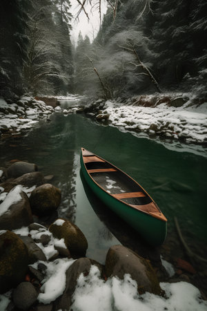 Boat on the shore of a mountain river in the winter forestの素材