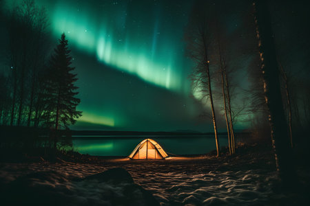 Aurora borealis, northern lights over lake and camping tentの素材