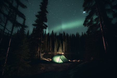Night camping in the forest. The tent stands on the banks of the river. Northern lights.の素材