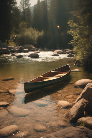 Canoe on the shore of a mountain river in the forest.の素材