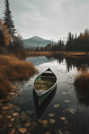 Beautiful autumn landscape with a rowboat on the lake. Toned.の素材