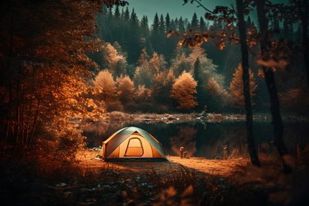 Camping tent on the shore of a lake in the forest.の素材