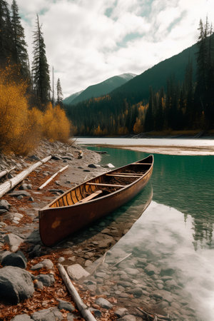 Lake in the Rocky Mountains of Canada, with a canoe on the shoreの素材