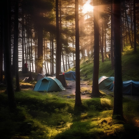 Camping in the pine forest at sunset. Carpathians, Ukraineの素材