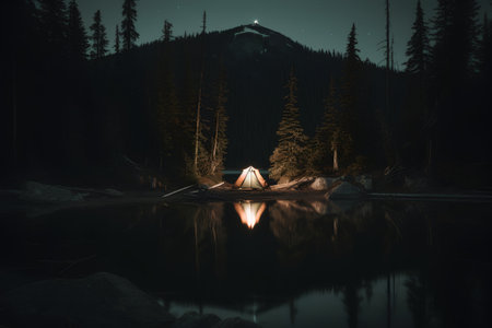 Camping on the shore of a mountain lake with a tent.の素材