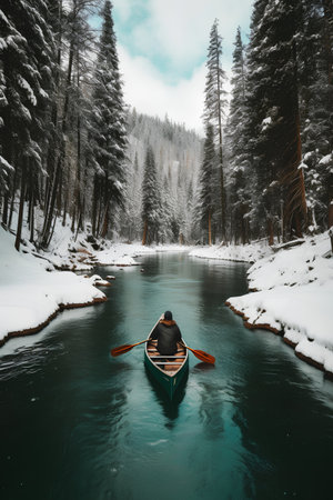 Fisherman rowing a boat on the lake in winter forestの素材