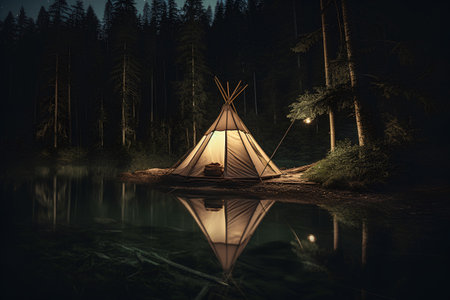 Camping tent in the forest at night. 3d illustration.の素材