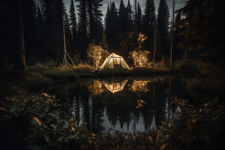 Camping on the shore of a lake in the woods at nightの素材