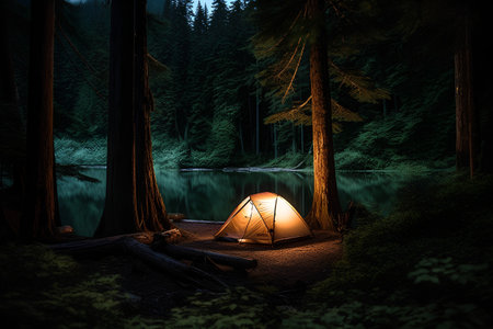 Camping in the woods by the lake at night. 3D renderingの素材