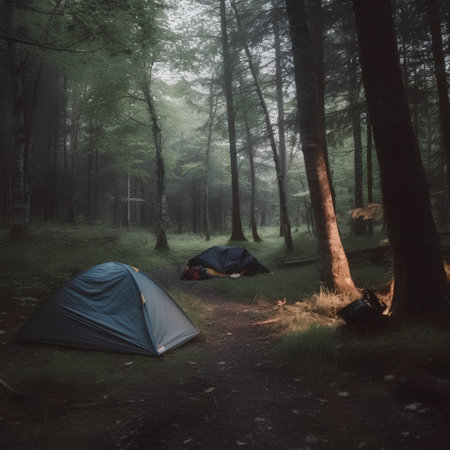 Tent in the misty woods. Camping in the forest.の素材