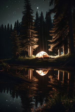 Camping in the forest at night with a view of the lakeの素材
