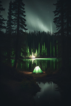 Fantastic night landscape with camping tent, lake and forest.の素材