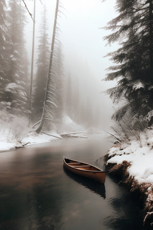 Beautiful winter landscape with a boat on the lake in the forestの素材