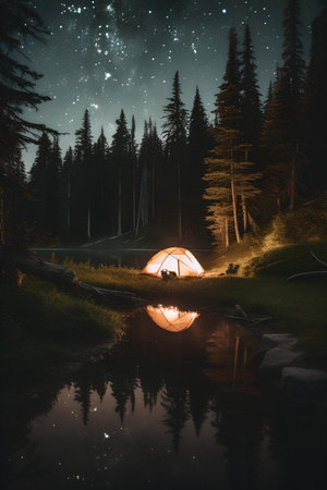 Camping in the forest with a view of a lake and a tent at nightの素材