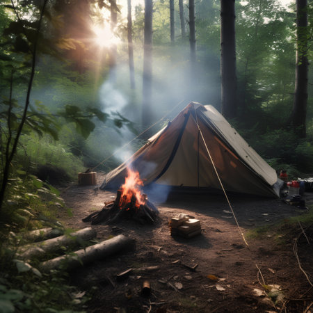 Camping in the forest. Tourist tent with a bonfire.の素材