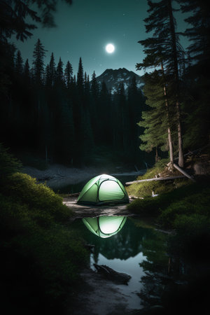 Camping in the mountains at night with a tent on the lakeの素材