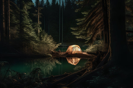 Camping in the woods by the lake. Camping concept.の素材